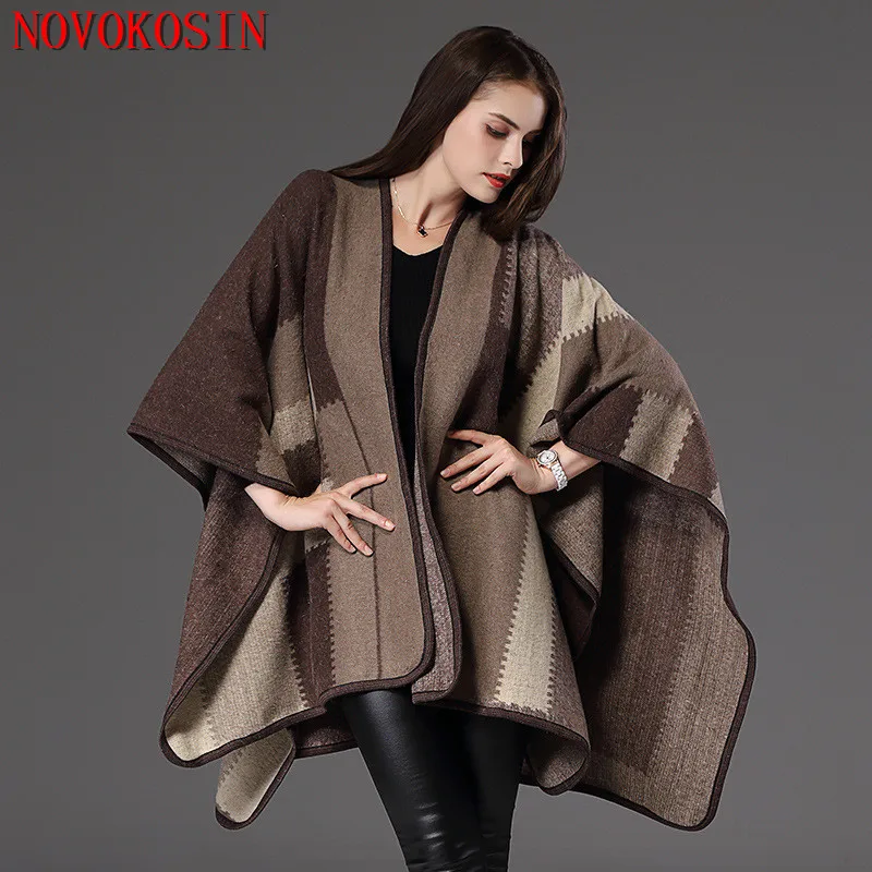 

2018 Oversize Striped Cardigan Winter Faux Cashmere Split Knitted Poncho Women Female Print Long Wrap Vintage Warm Shawl