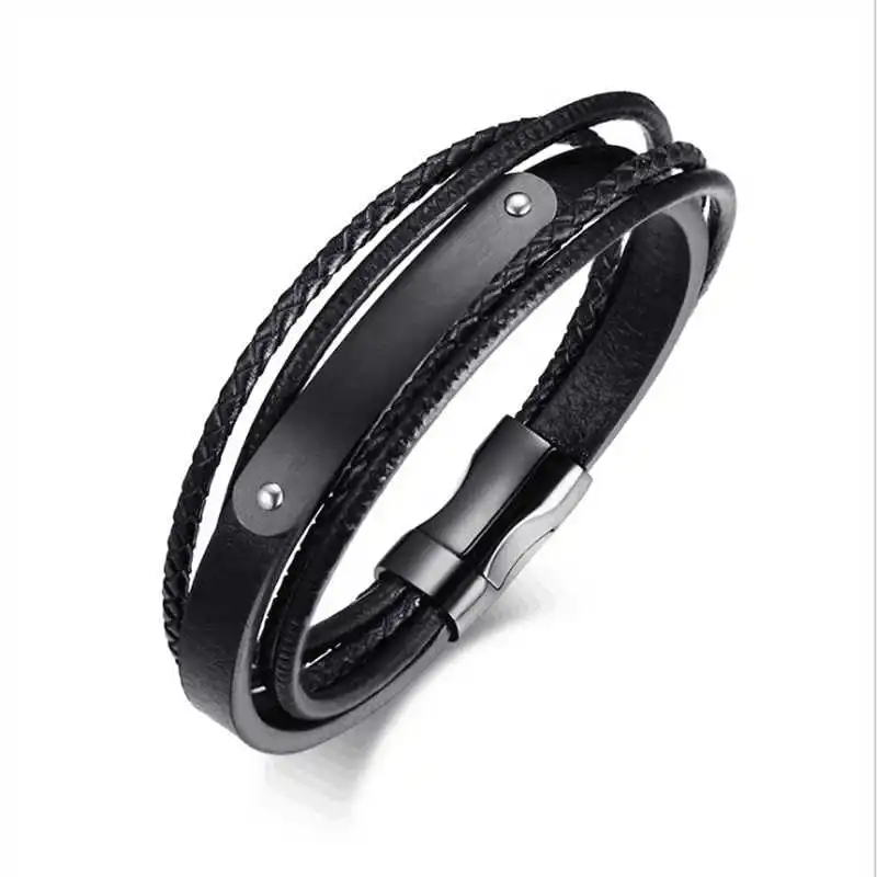 

Fashion Leather Bracelet for Men Black Braid Multilayer Rope Chain Stainless Steel Magnetic Clasp Male Jewelry Gifts