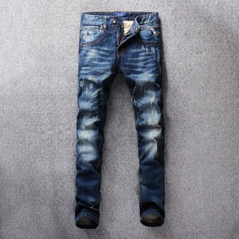 

2018 Autumn Winter Fashion Men Jeans Dark Blue Color Slim Fit Distressed Ripped Jeans For Men Streetwear Classical Jeans homme