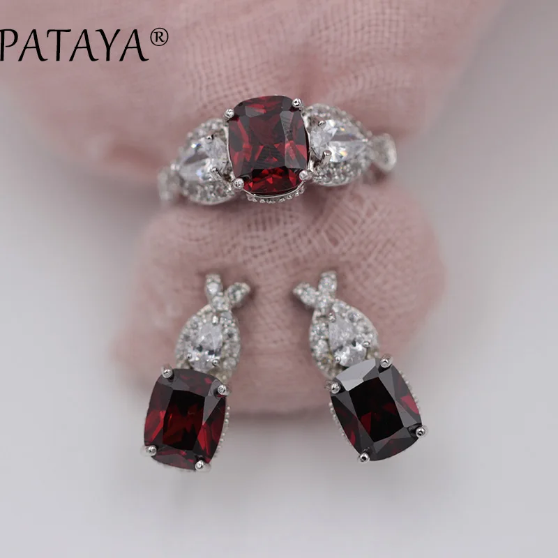 

PATAYA New Arrivals Pomegranate Red Rabbit Ear Natural Zircon Earrings Rings Sets Women Luxury True White Gold Fashion Jewelry