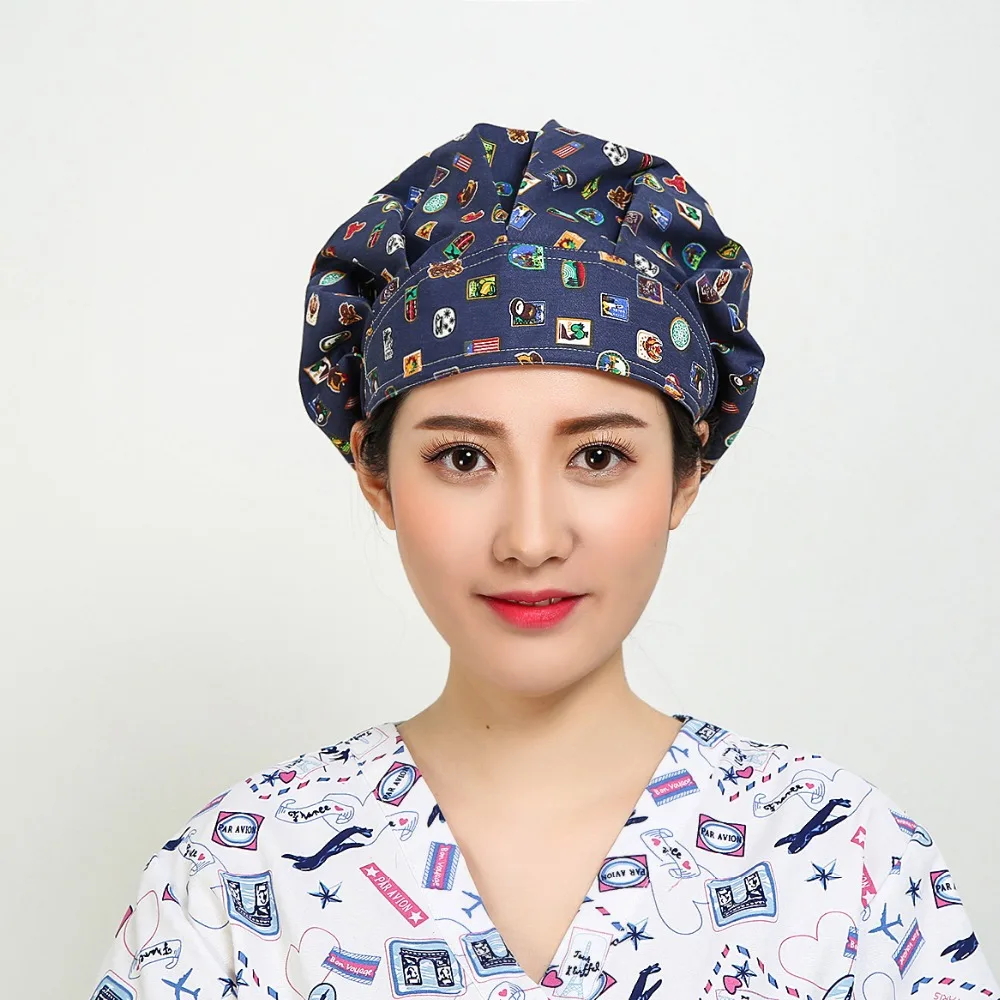 Unisex Hospital Printed Medical Caps 100 Cotton Surgical Caps Bouffant Doctor Nurse Lab Clinic