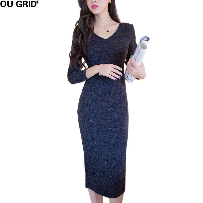 Party Long Sweater Dress Women Elegant Slim V neck Split Knitted Dresses Solid Bottom Backless Bodycon