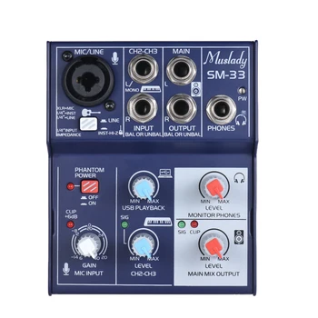 

3-Channel Mixing Console Sound Card Digital Audio Mixer Supports 5V Power Bank USB Built-in 48V Phantom Power for Recording DJ
