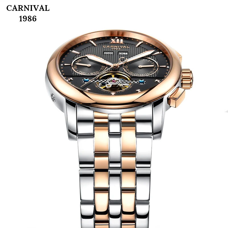

Business Rose Gold Watch Men Waterproof Tourbillon Mechanical Mens Sport Clock Stainless Steel Automatic Self-Wind Watches NEW