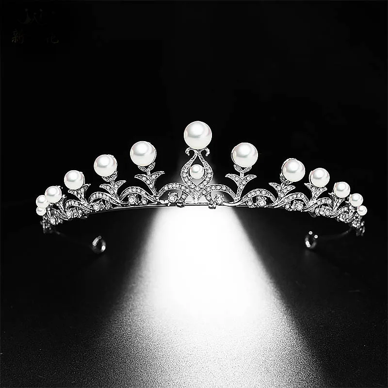 

Bridal Wedding Hair Jewelry Accessories Silver Leaf Pearl Rhinestone Bride Tiara and Crown Headdress Queen Princess Diadem BH