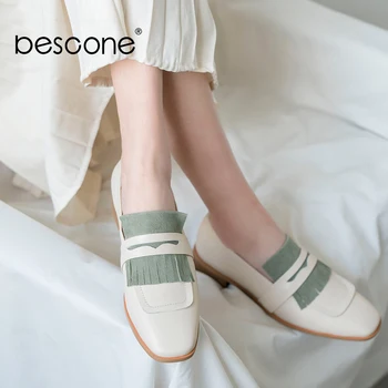 

BESCONE Genuine Lather Women's Flats Square Toe Fringe Loafers Shoes Soft Comfortable Sweet Shoes Cow Lather Spring Flats BO113