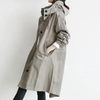 Осенняя ветровка в английском стиле, длинный Тренч, Женское пальто, джинсовый кардиган, базовое пальто с капюшоном для женщин, большой плащ, черный, серый, B904 - Цвет: gray