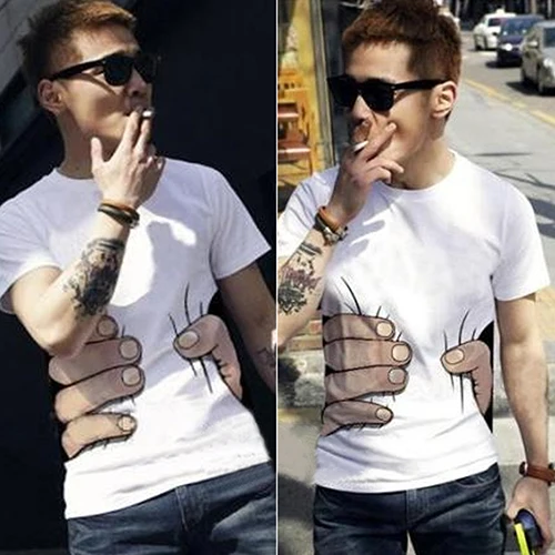 Fashion Men 3D Cool Round Neck Short Sleeve Big Hand Printed Tee T-shirt B 