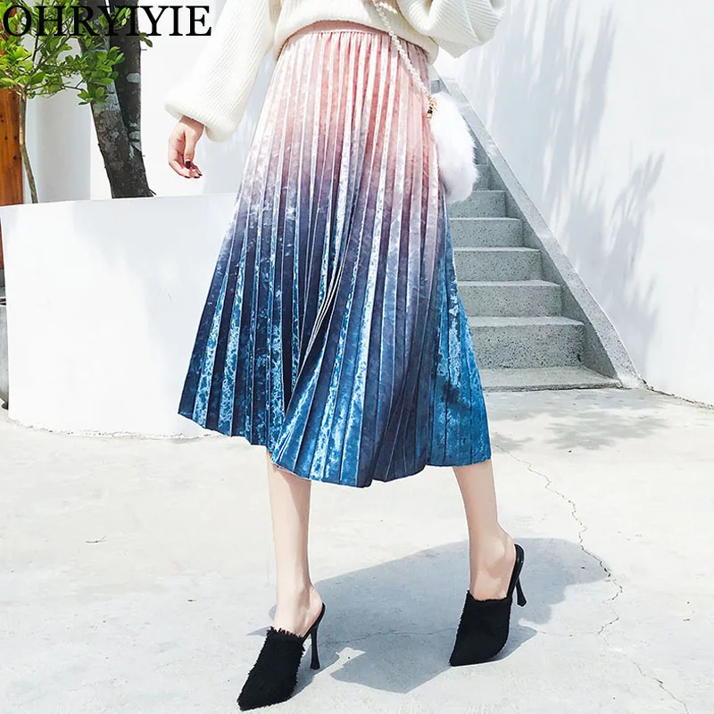 Ohryiyie новые осенние зимние Бархатные плиссированные юбки женские Лоскутные градиентные длинная юбка миди женские повседневные юбки трапециевидной формы с высокой талией