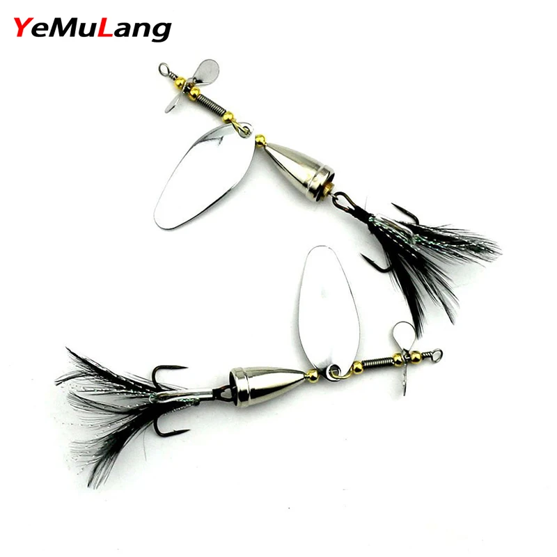 

YeMuLang 1PCS Spinner Bait Metal Artificial Fishing Lure Double Tail Propeller Hard Baits With 6# Feather Hook Trout Carp