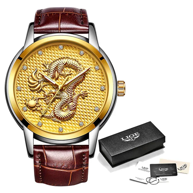 2021 LIGE New Golden Mens Watches Top Brand Luxury Chinese Dragon Watch Business Full Steel Quartz Clock Male Relogio Masculino Full gold L