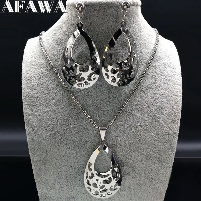 

2019 Water Drop Stainless Seteel Jewelry Set Women Silver Color Earring Necklace Set Jewelry joyeria de acero inoxidable S178290