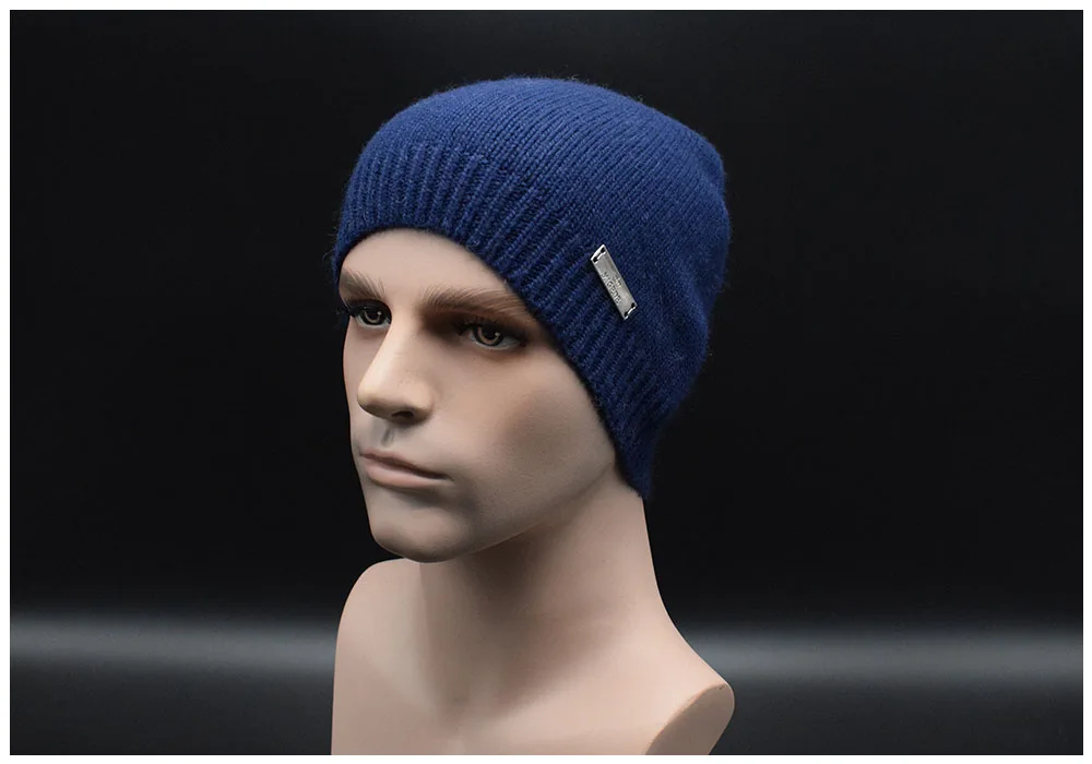 Высококачественная однотонная мужская шерстяная шапка, зимняя теплая вязаная шапка, мужские шапки, вязаные шапки Skullies Bonnet, мужские зимние шапки - Цвет: navy blue