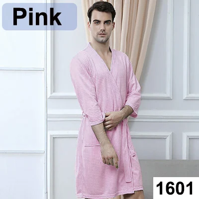 Женский, Мужской трикотажный вафельный впитывающий пот халат сексуальный Femme кимоно полотенце банный халат одежда для невесты пеньюар халат нижнее белье - Цвет: Men Pink
