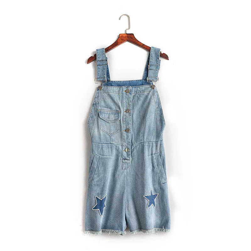Summer New Arrival 2017 Beading Five pointed Star Suspenders Denim Shorts