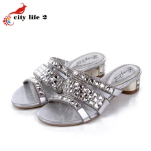 Sheepskin Rhinestone Slippers New 2015 Diamond Female Silver Thick Heel Leather Sandalias Mujer Small Size 33