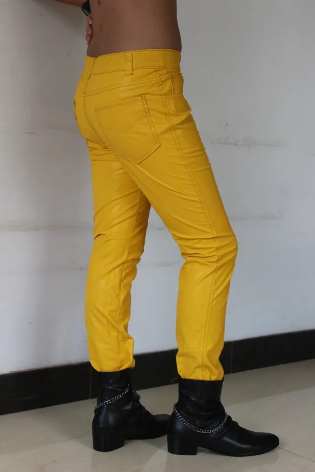 yellow leather trousers