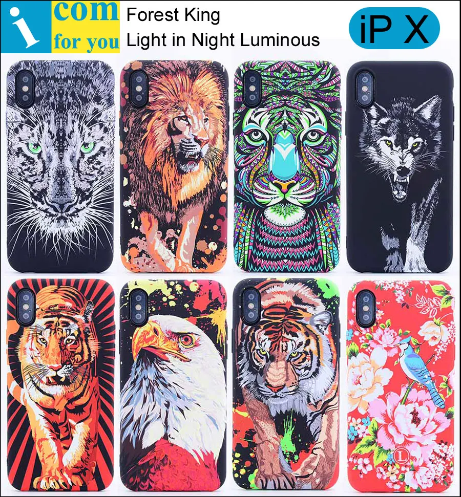 

Parrot Leopard Eagle Peacock Tiger Elephant Lion Wolf Cover Case For iPhone X Forest King Light Glow in Dark Night Luminous