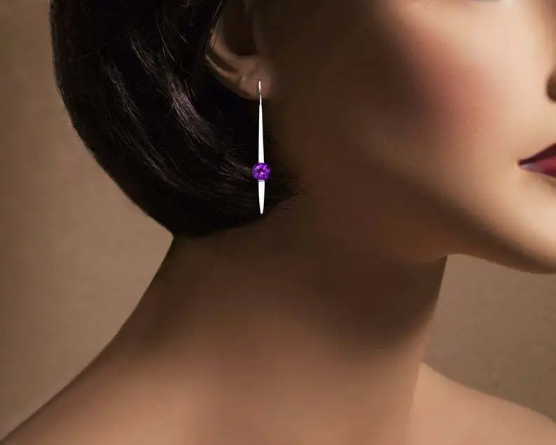 Minimalist Single Zirconia Earrings Charm Purple Green Stone Bar green purple zircon Earrings Wedding Jewelry For Women - Image 4