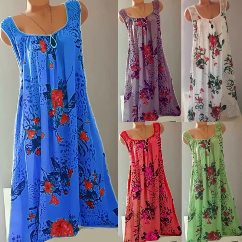 

Summer new dress Round neck Lace splice printing Loose Leisure Women's clothing dress