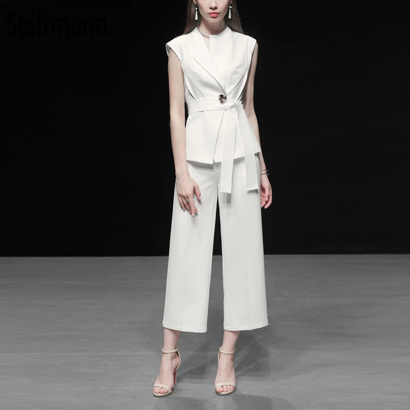 

Seifrmann New 2019 Women Spring Summer Suits Runway Fashion Designer Bow Tie Shirt and Long Pants Elegant White Two Pieces Set