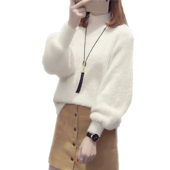 

2018 New Fashion Autumn Winter Knitting Solid Color Pullovers Female Lantern Sleeve O Neck Casual Loose Oversized Sweater F31