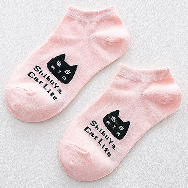 5 пар/лот, женские носки, летние повседневные короткие дышащие хлопковые носки для девочек, повседневные женские Носки с рисунком кота, Meias - Цвет: A light pink