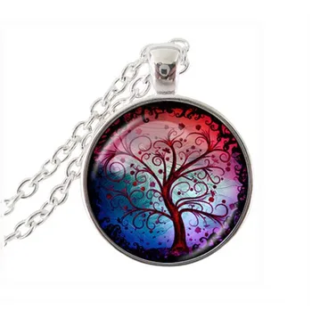 

2017 New Collares Collier Maxi Necklace For Tree Necklace Life Jewelry Family Long Chain Glass Cabochon Pendant Women HZ1