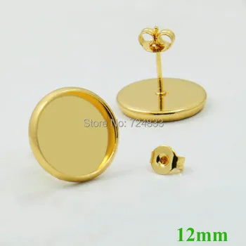 

12mm Golden tone Plated Brass Blank Bases Round Bezel Pin Stud Earrings Post w/ Stopper Back Settings Findings Craft Wholesale