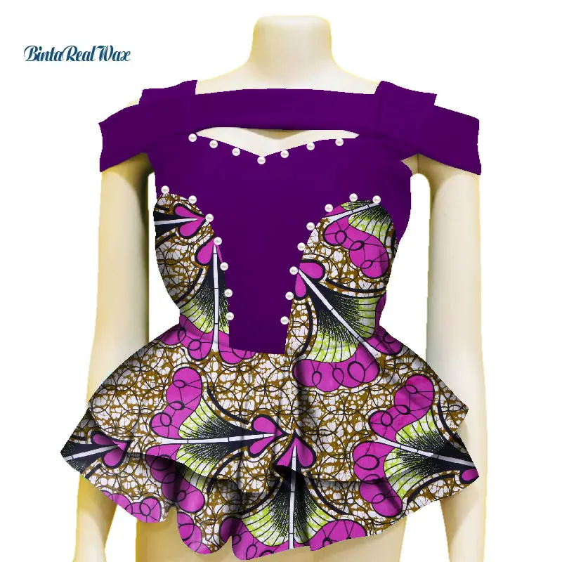 Модная рубашка Африканский принт Топ для женщин Bazin Riche Жемчуг Двойные оборки топ хлопок Дашики африканская одежда WY3605
