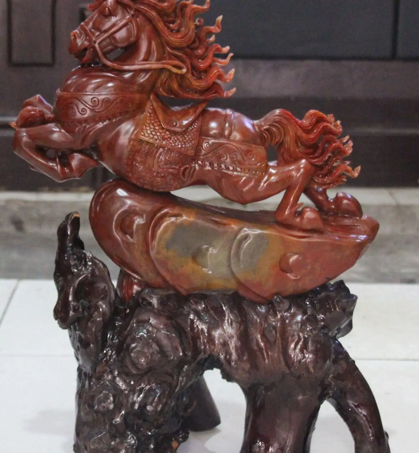 

20" Unique Natural Shoushan Stone Zodiac Year Running Horse Horses Animal Statue
