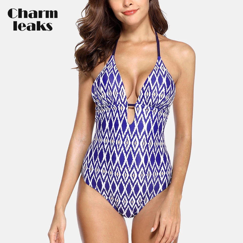 

Charmleaks Womens V Neck One Piece Swimwear Floral Print Bathing Suit Deep Plunge Padded Sexy Swimsuit Monokini