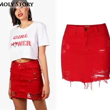 Рваная джинсовая красная Асимметричная Женская юбка Потертая джинсовая юбка с завышенной талией с потертостями больших размеров Jupe Femme