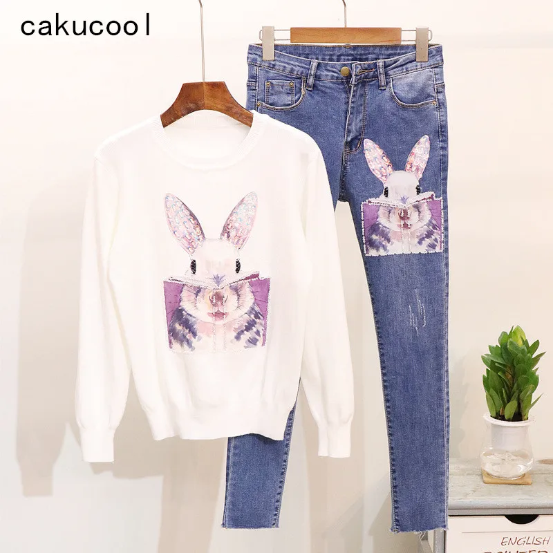 Cakucool 2019 Зимний вязаный спортивный костюм женский Кролик пайетки вышитый свитер +