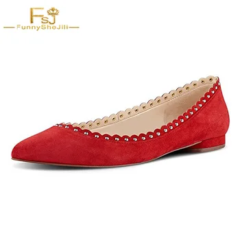 

Woman shoes Flats Red Ruffles Clogs Wedding Evening Dress Party size 46 Suede Spring Solid Pointed toe Sexy mujer Ballet FSJ