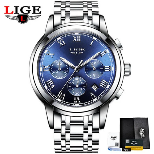 Роскошный бренд новые часы мужские LIGE с хронографом мужские спортивные часы водонепроницаемые полностью Стальные кварцевые мужские часы Relogio Masculino - Цвет: Steel Silver Blue