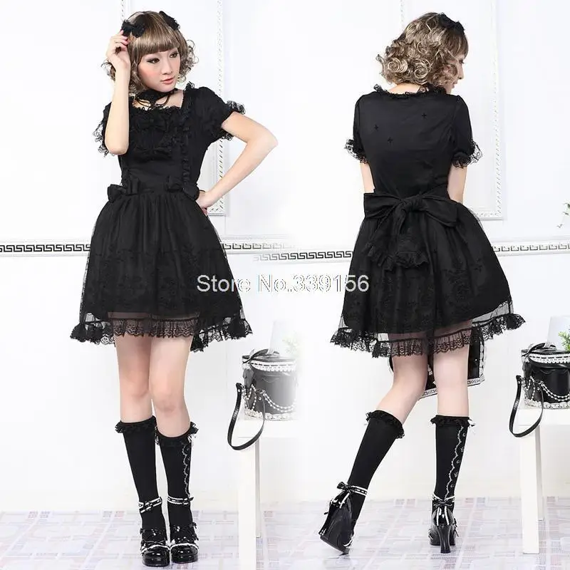 

2016 Hot Sale Black Cotton Short-sleeved Cute Punk Gothic Lace Lolita Dress