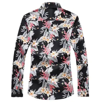 

Long sleeve Blouse Men Flower Hawaiian Shirt Mens Dress Shirts Floral Casual Plus Size Black Blue