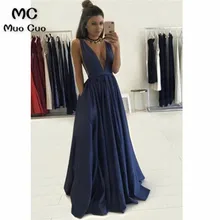 Г. пикантные Темно-синие Вечерние платья Длинные атласные глубокий v-образным вырезом Танк пол Длина платье для выпускного вечера для подростков Для женщин Формальное вечернее платье
