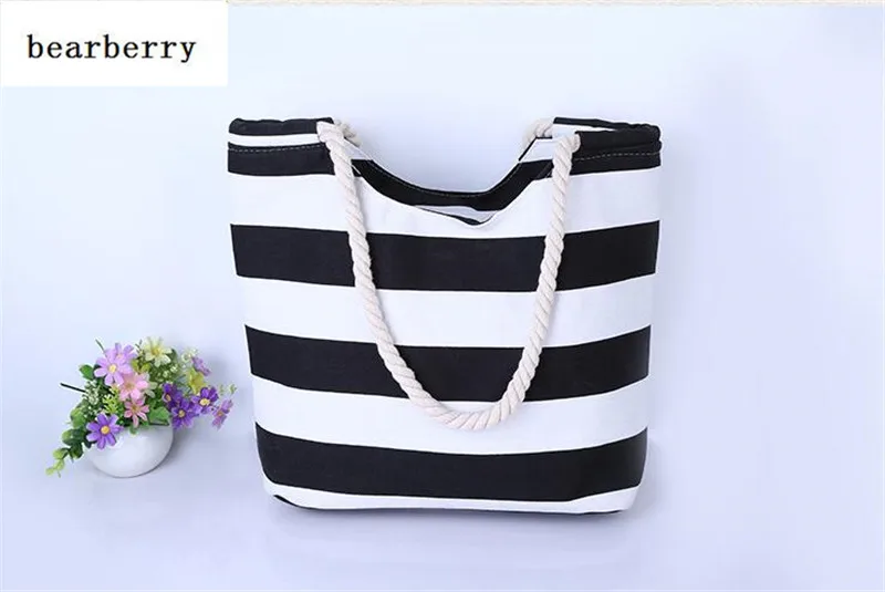 

2017 Women Large Beach Canvas Bag Stripes Printing Handbags Red Summer Shoulder Bag Totes Casual Shopping Bags MN203