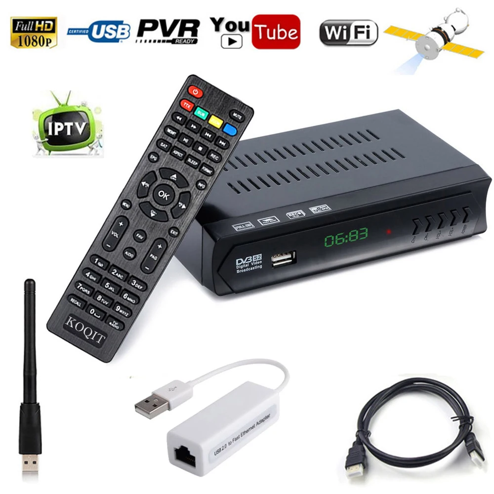 

KOQIT HD DVB-S2 Digital Satellite Receiver m3u IPTV TV Box Combo USB (Wifi RJ45 Lan) Youtube iks Power VU Biss + HDMI RCA Cable