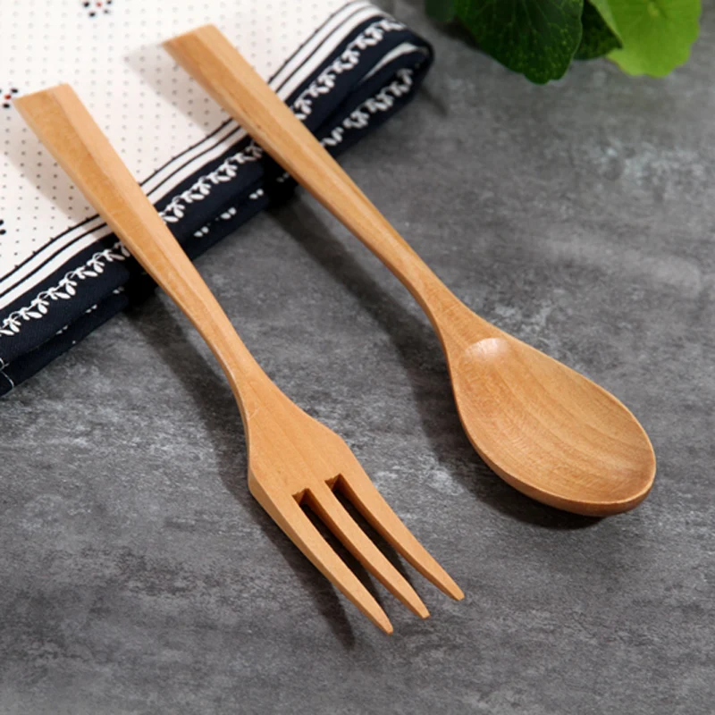 2 Pcs Wood Spoon Fork Cutlery Set Wooden Dinnerware Set Catering Fork Spoon Dinner Table Fork Dessert Soup Spoon Wood Utensils (7)