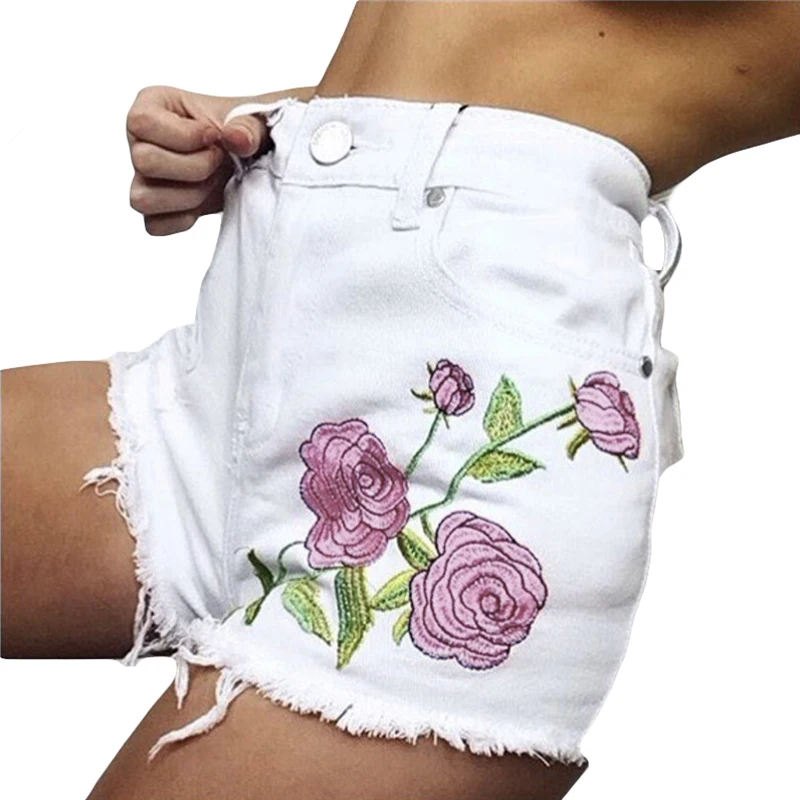 Summer Light Blue Denim Shorts Embroidered Flower Fashion Ripped Fringe