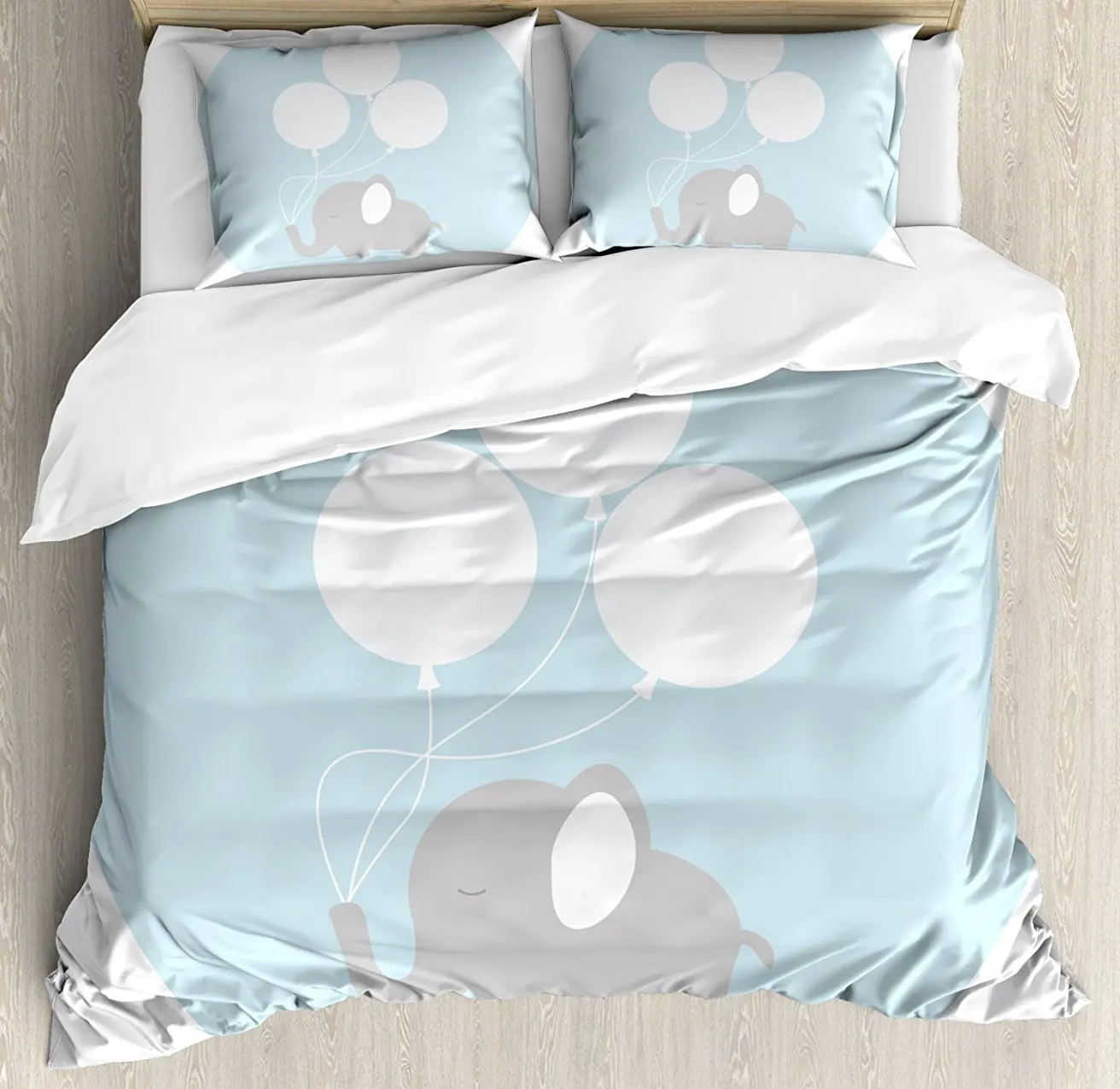 

Elephant Nursery Decor Duvet Cover Set, Little Baby Elephant with Big Balloons Happy Funny Icon, 4 Piece Bedding Set