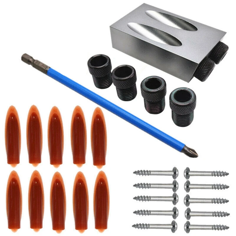 Pocket Hole Jig Kit 6/8/10Mm Drive Adapter For Woodworking Angle Drilling Holes Guide Wood Tools Screwdriver Drill Bit 28Pcs