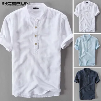 

INCERUN Vintage Men Shirt Plain Stand Collar Cotton Short Sleeve Chic Pullovers Streetwear Brand Shirts Men Camisa Harajuku 2020