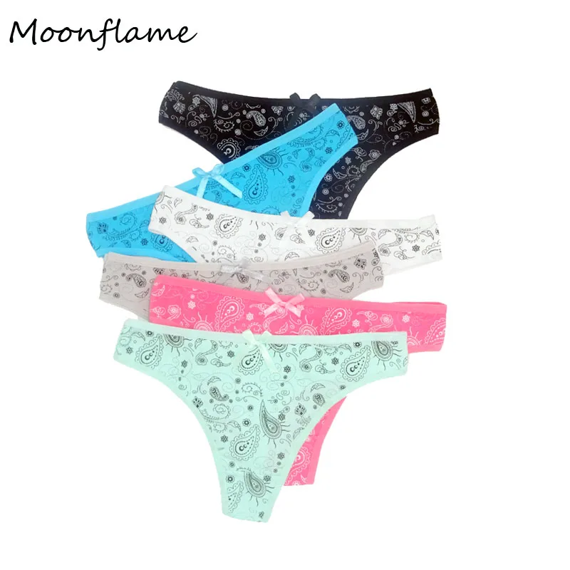 Многоцветный Moonflme, 5 шт./лот, женское нижнее белье, 6 цветов, сексуальные стринги с принтом, хлопковые стринги, M, L, XL, 87339 - Цвет: Многоцветный
