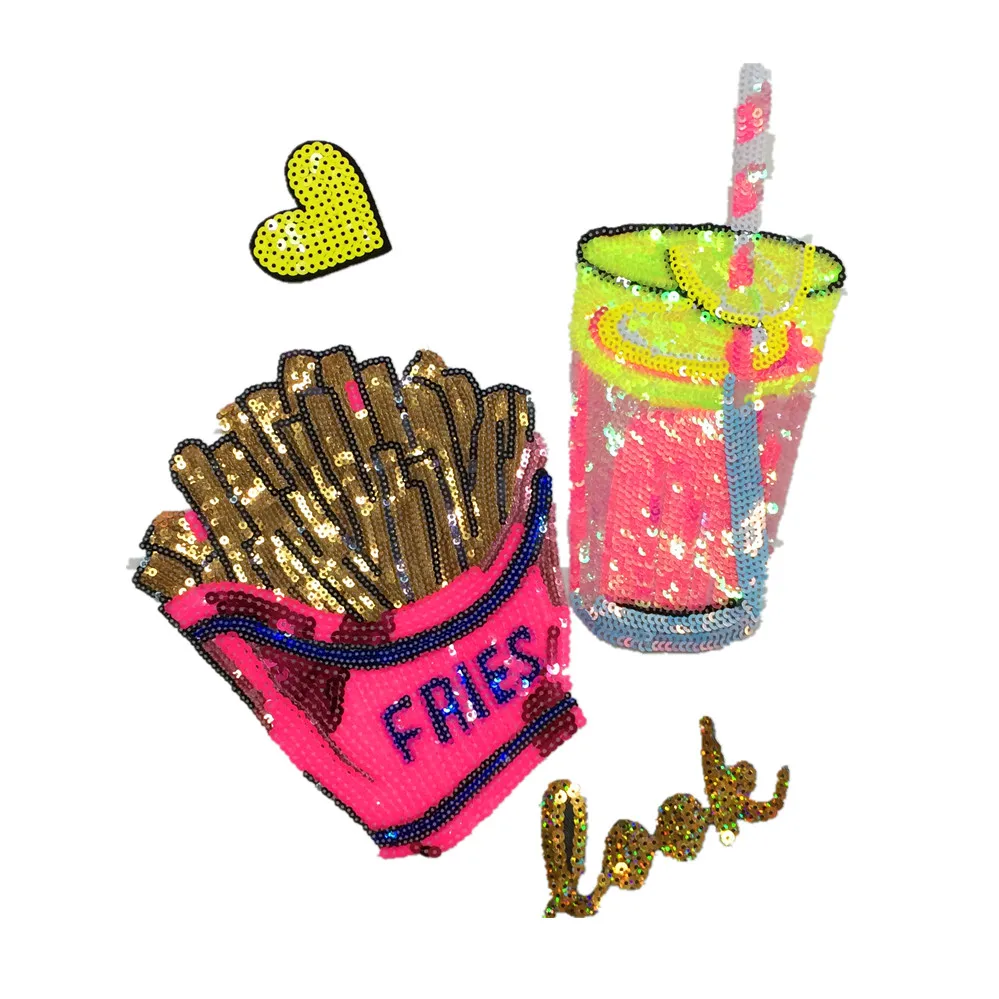 

lemon tea drink cup & French fries set Sequined patches for clothing applique fabric iron on patches parches para la ropa