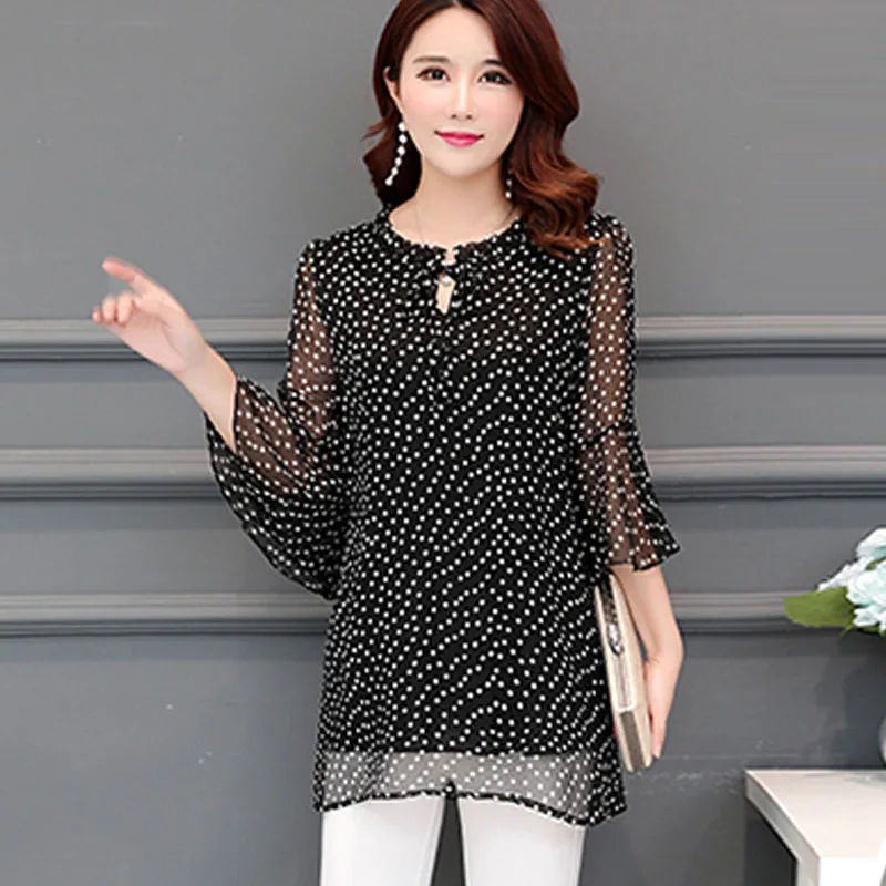 

2019 Vintage Plus Size 5XL Womens Tops Blouses Summer Polka Dot Chiffon Ruffle Blouse Women Black Long Shirt Blusas Mujer V647