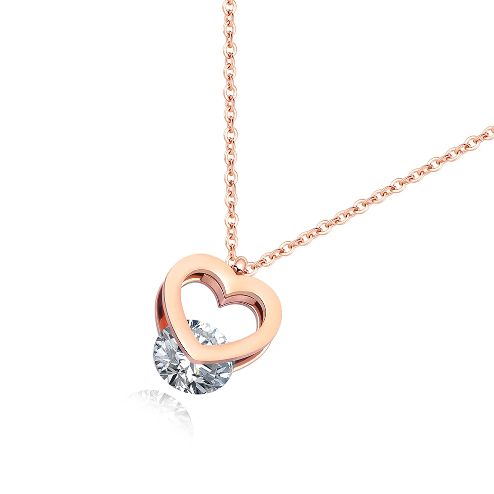 

JeeMango Titanium Steel Heart Necklace Female Rose Gold Inlaid Zircon Hollow Three-dimensional Clavicle Chain Necklace OGX1415